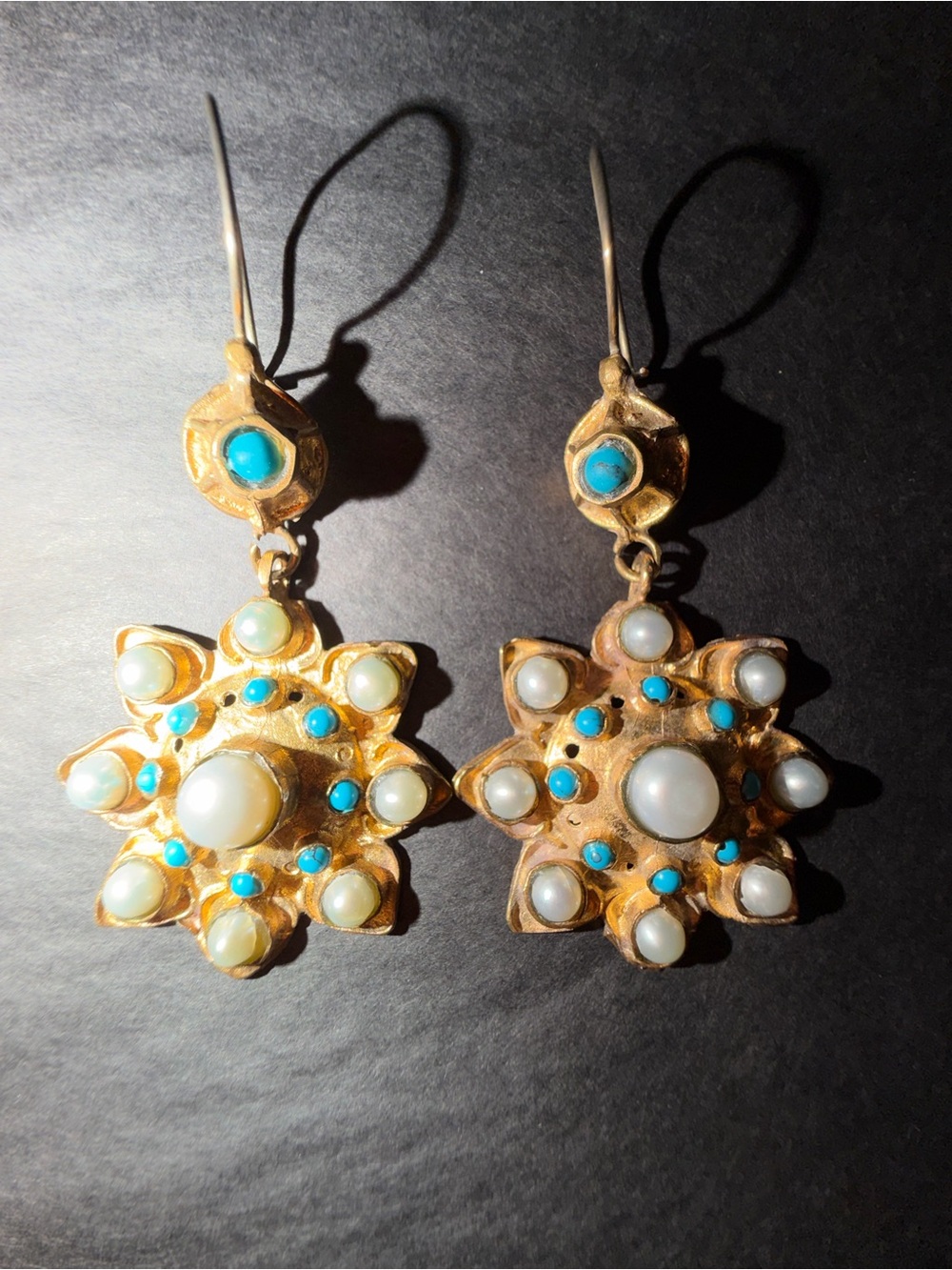 Gold-Tone Starburst Drop Earrings with Turquoise and Pearlescent Accents